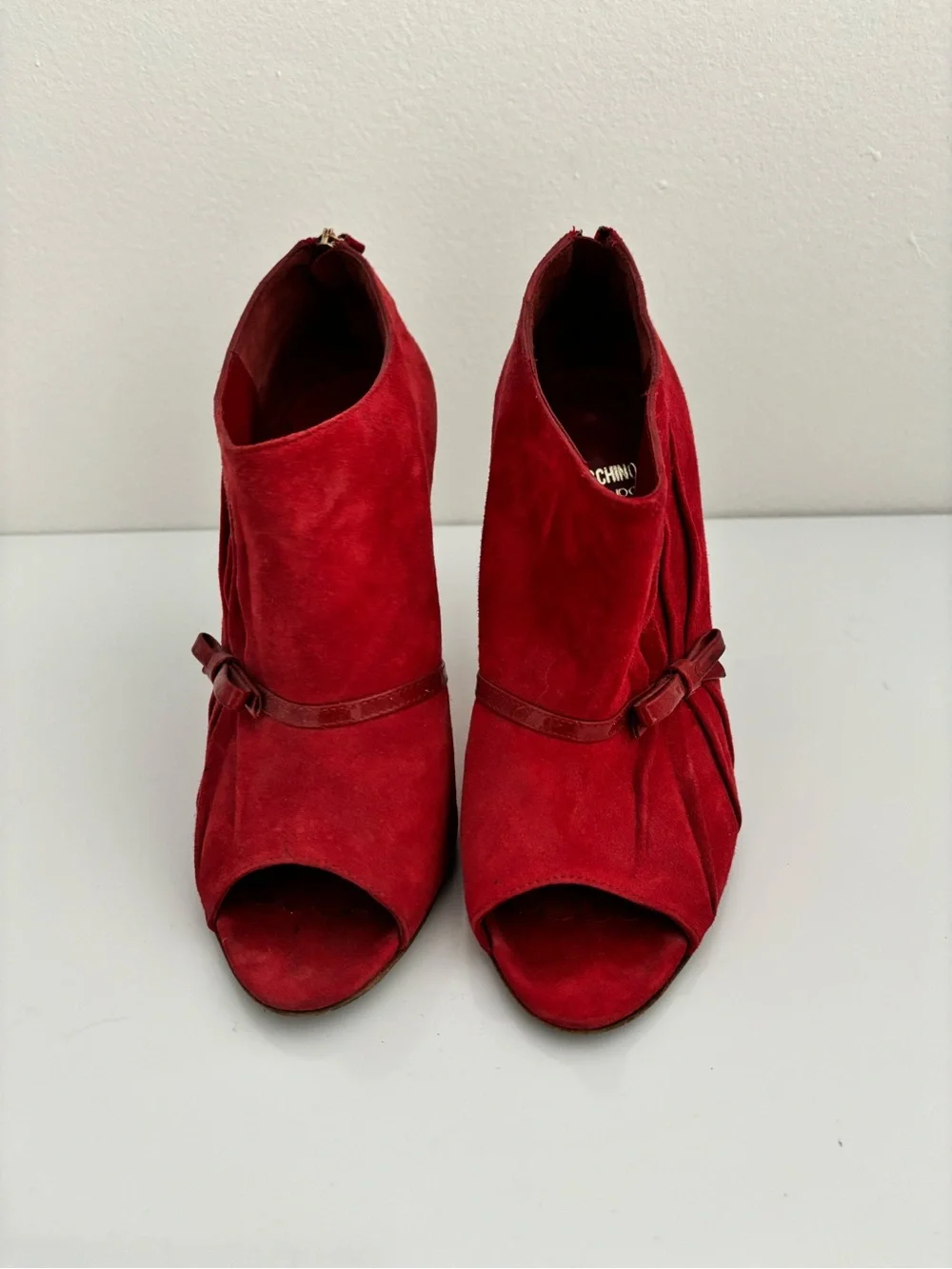 Moschino Red Suede Peep-Toe High-Heel Booties with Bow